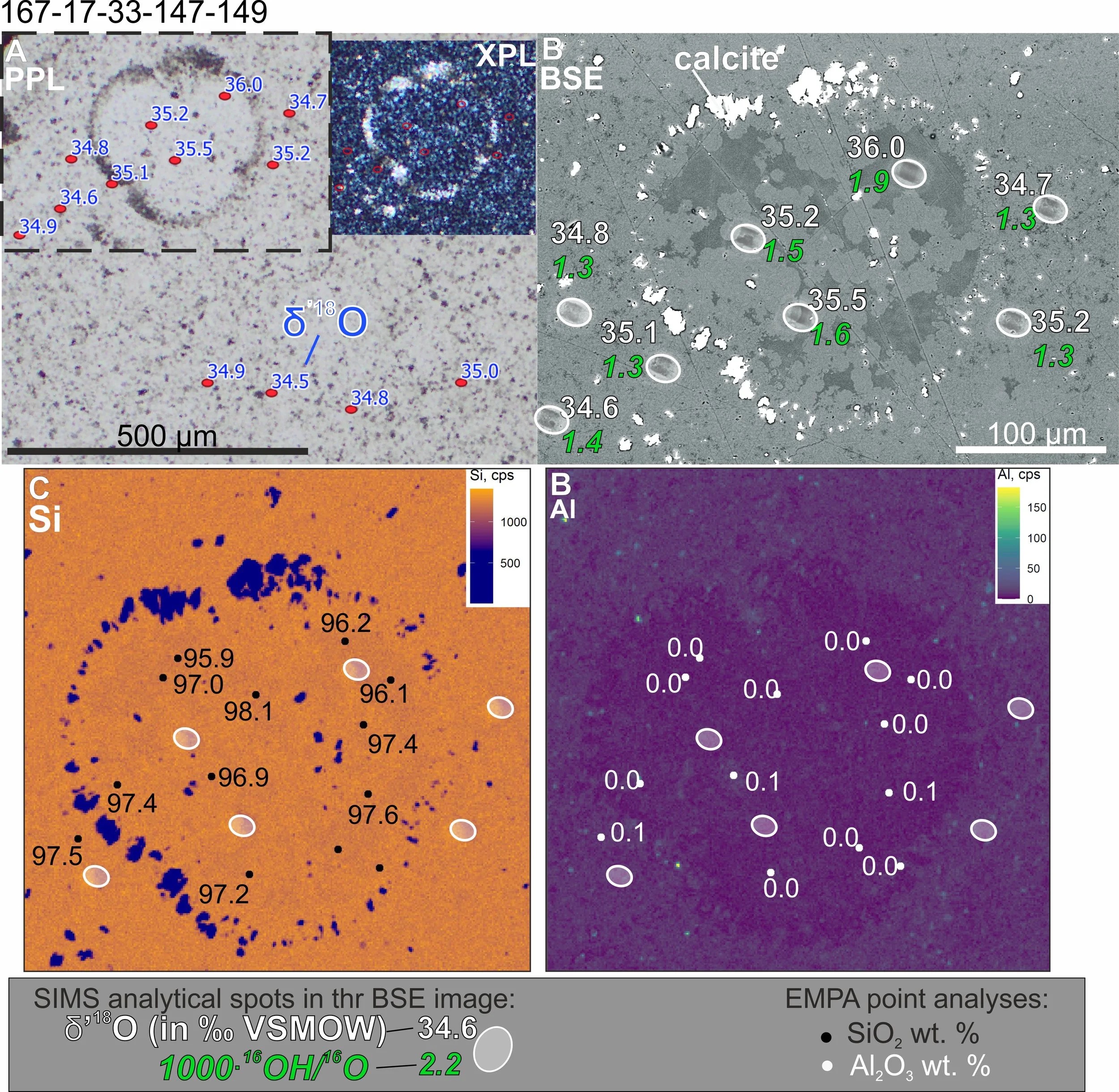 Thin section of a chert drilled from modern seafloor; SIMS and electron microprobe maps of recrystallized foraminifera shell.